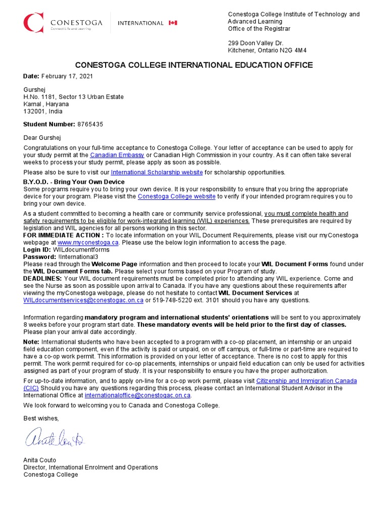 Conestoga College Offer Letter PDF
