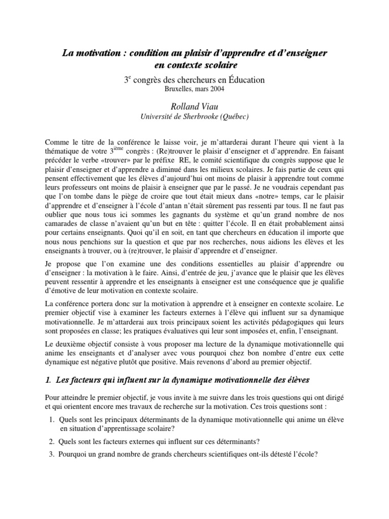Motivation scolaire selon Rolland Viau | PDF | Motivant | Motivation