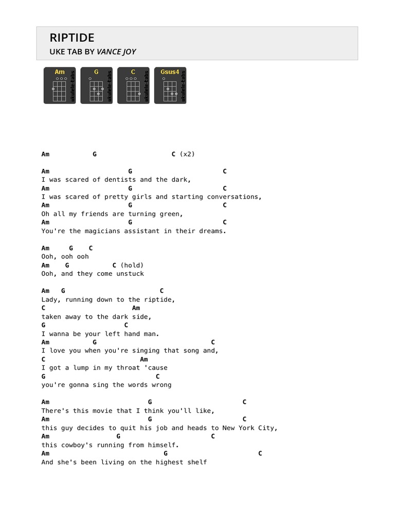 Riptide uke tab by vance joy ukulele tabs pdf songs songs written