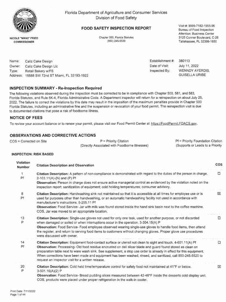 Florida Food Safety Inspection Report | PDF | Food Safety | Foods