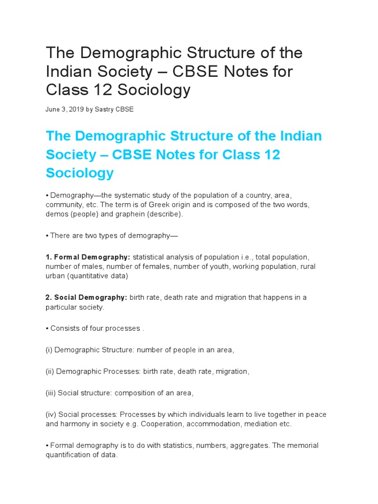 The Demographic Structure of The Indian Society - CBSE Notes For Class ...
