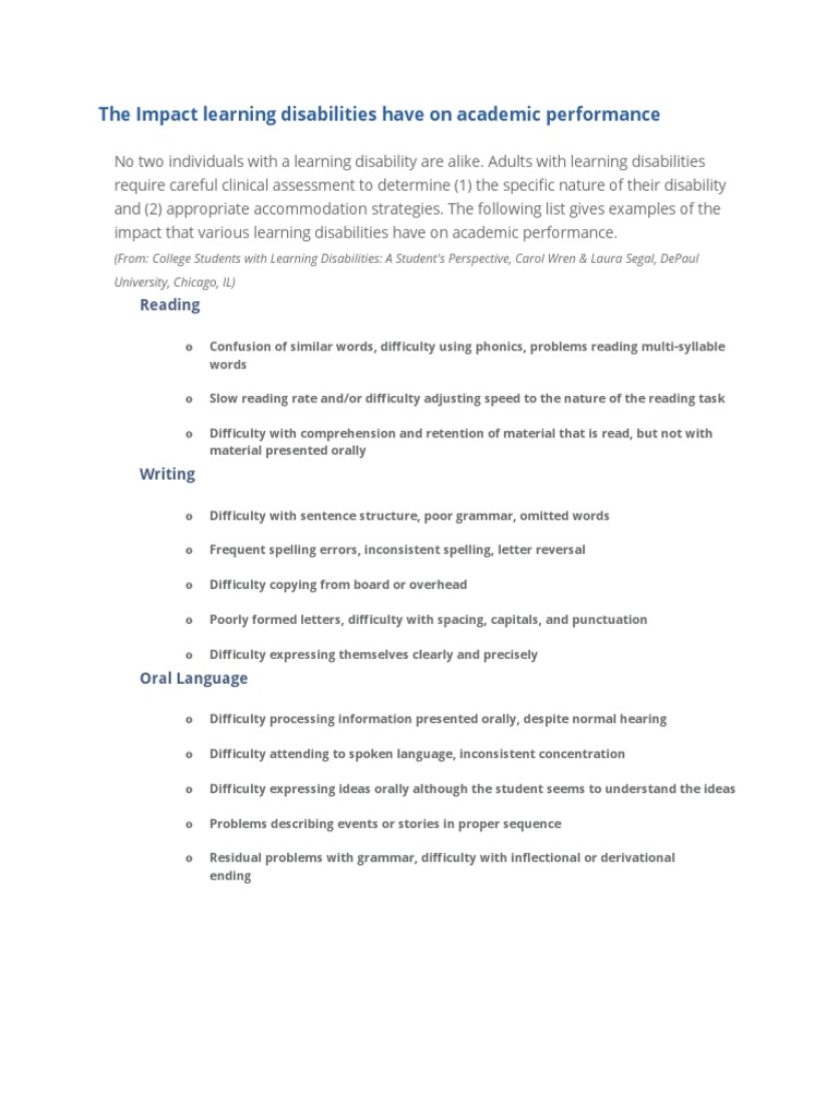 Learning Disabilities and Academic Impact | PDF