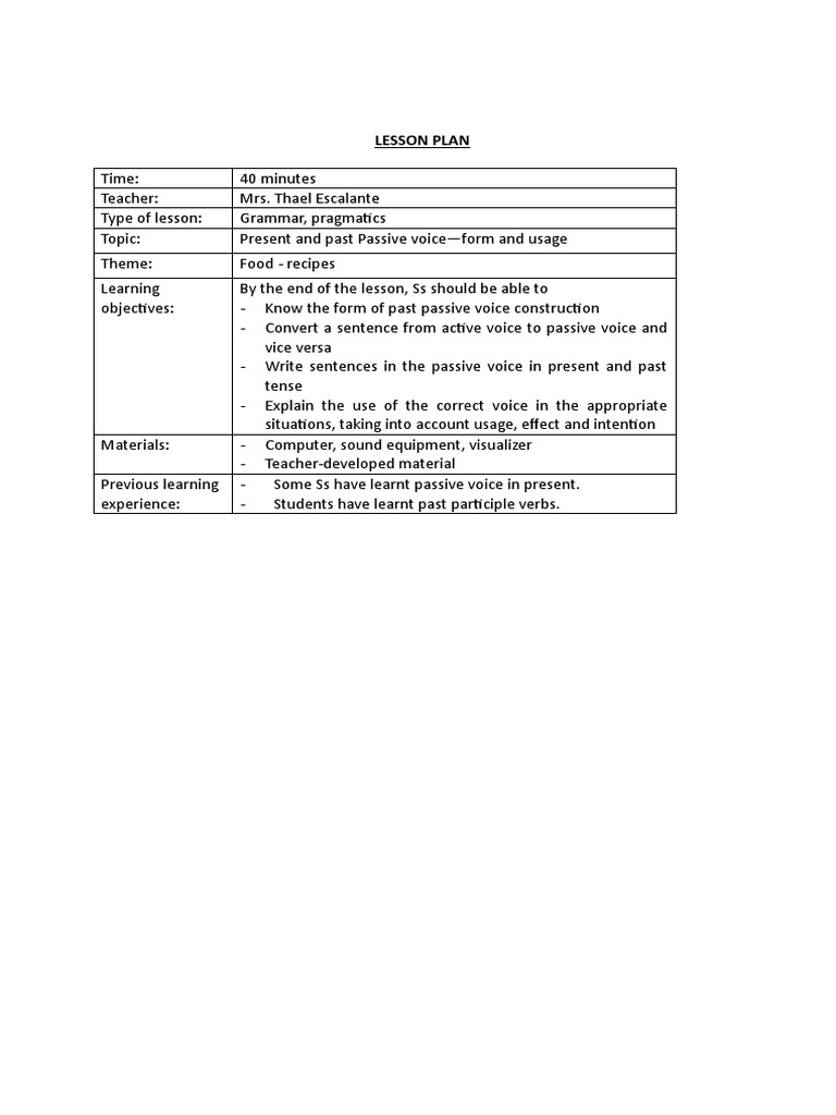 Passive Voice Lesson Plan for ESL | PDF | Learning | Lesson Plan
