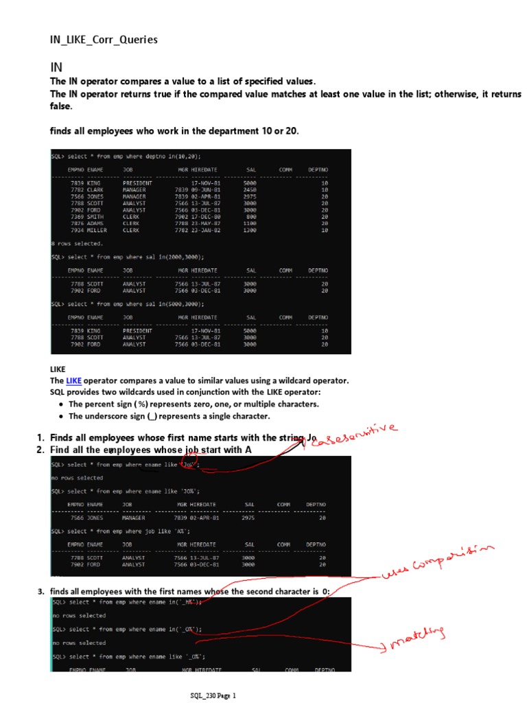 SQL IN and LIKE Operators Explained | PDF | Computers | Teaching ...