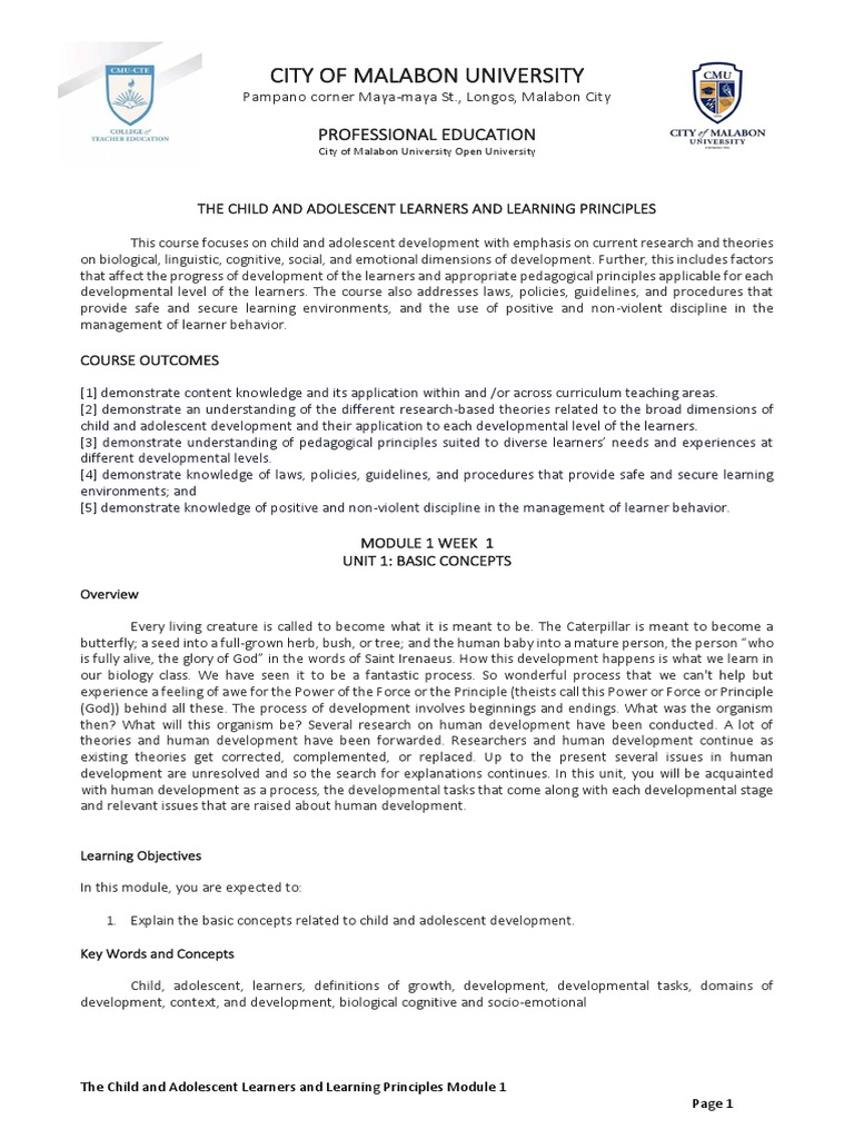 Module 1 Week 1 The Child And Adolescent Learners And Learning