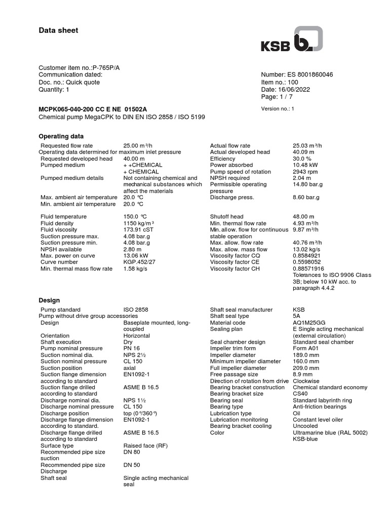 MegaCPK Chemical Pump Data Sheet | PDF | Pump | Flow Measurement