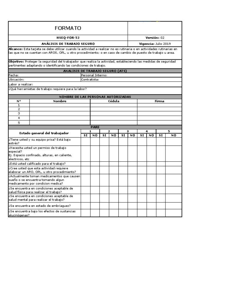 Formato ATS para Trabajo Seguro | PDF | Ciencias de la Salud