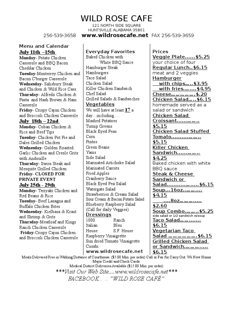 Wild Rose Cafe Weekly Menu & Prices | PDF