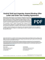 Austral Gold and Argentex Amend Binding Offer Letter and Enter Into Funding Agreement