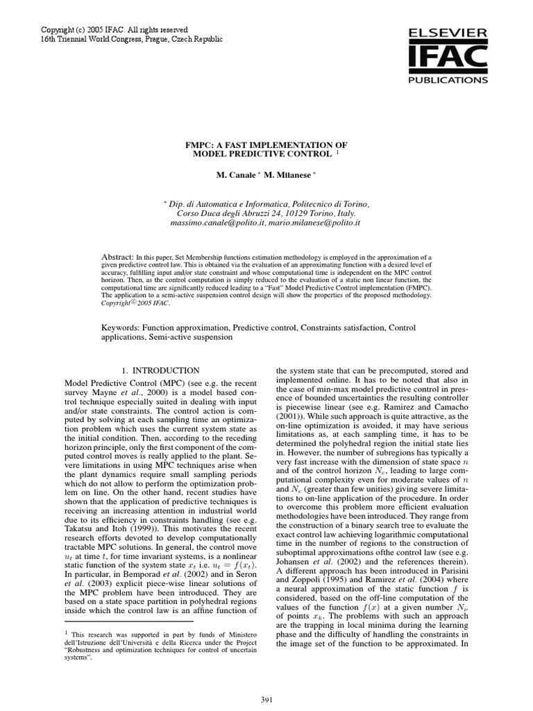 FMPC: A Fast Implementation of Model Predictive Control M. Canale M ...
