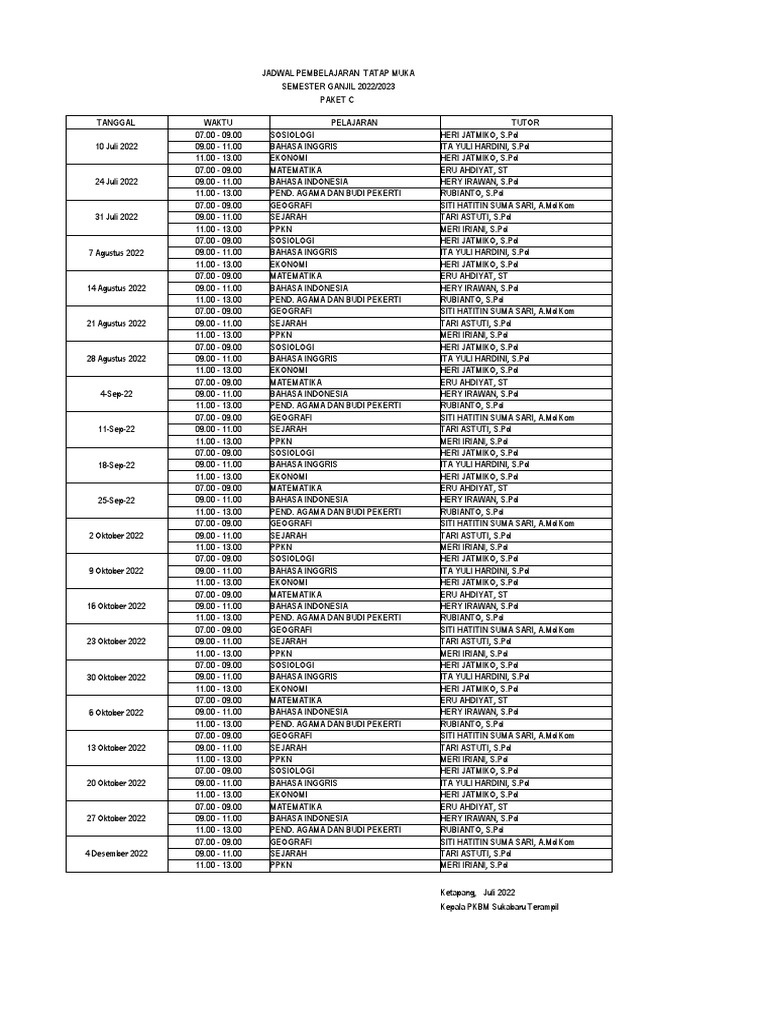Jadwal Pelajaran Paket C | PDF