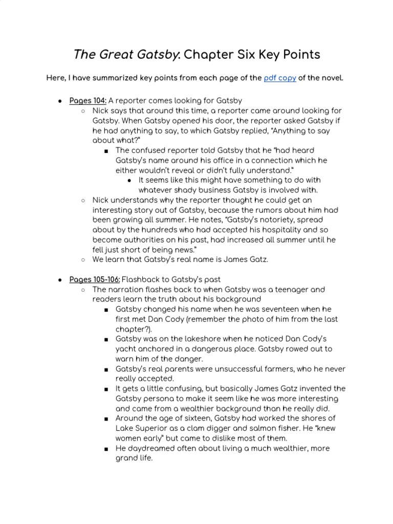 Great Gatsby Chapter 6 Summary | PDF | The Great Gatsby
