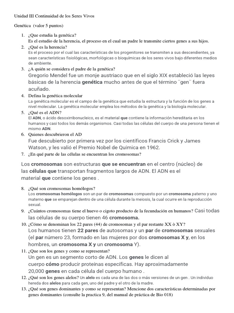 Tarea de Genetica Unidad III Continuidad de Los Seres Vivos. | PDF |  Dominancia (Genética) | Gene