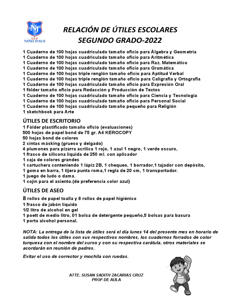 LISTA DE ÚTILES ESCOLARES SEGUNDO GRADO | PDF