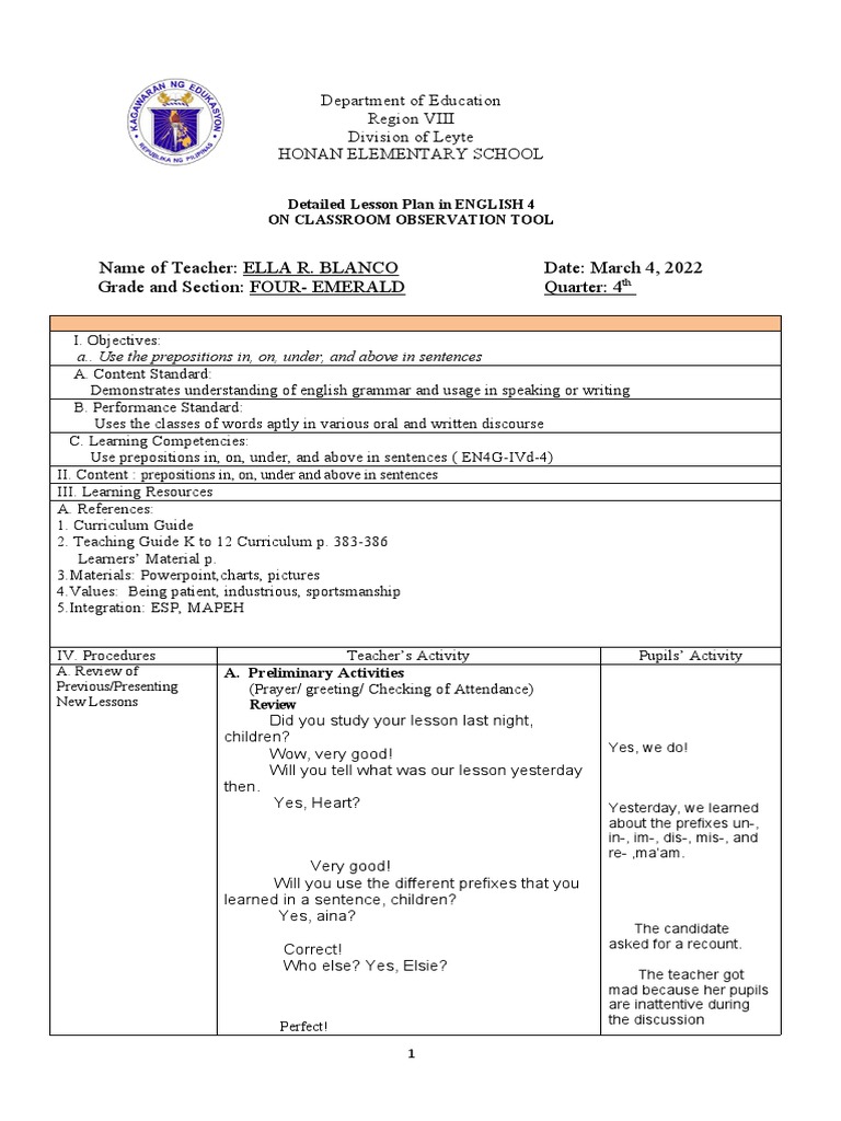 Cot English 4-Q4 | PDF | Lesson Plan | Teachers