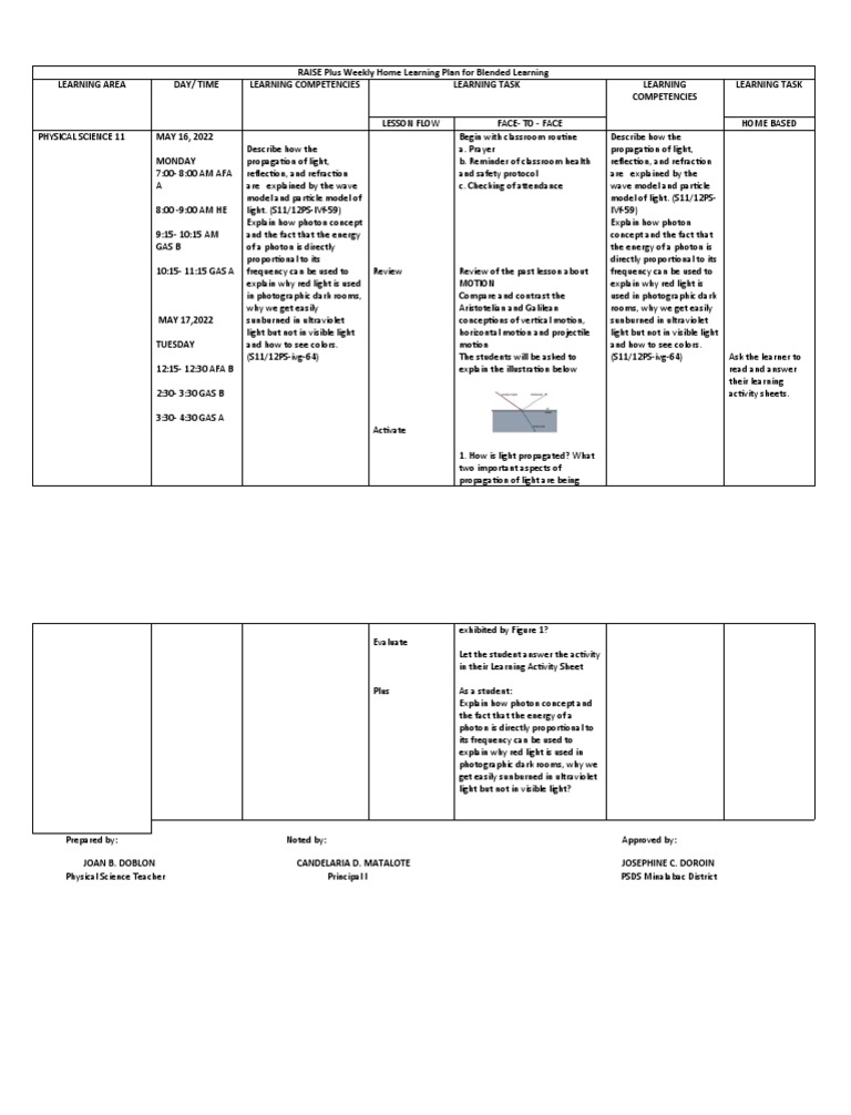 RAISE Plus Weekly Home Learning Plan For Blended Learning PDF Light