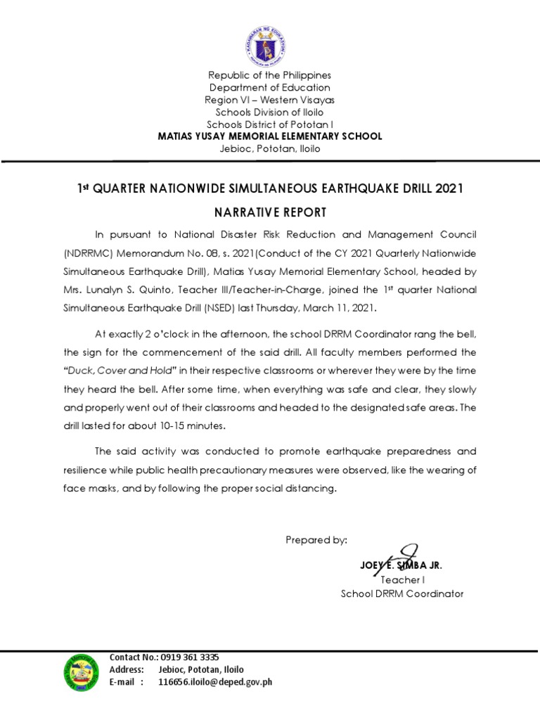 1st Q Nsed 2021 Narrative Report Matias Yusay Mes PDF Emergency