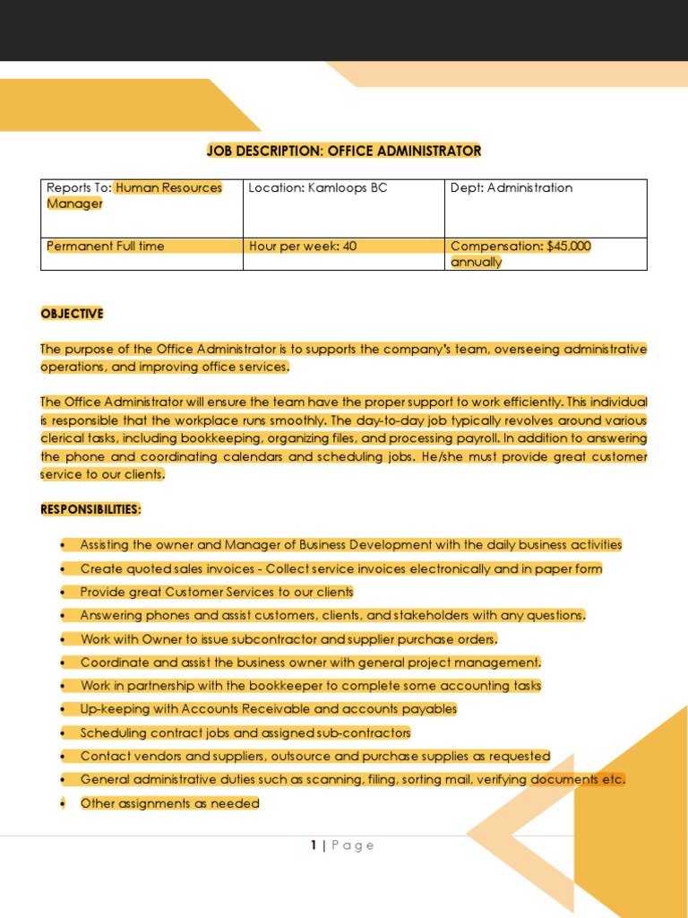 Job Description Office Coordinator Example PDF Bookkeeping