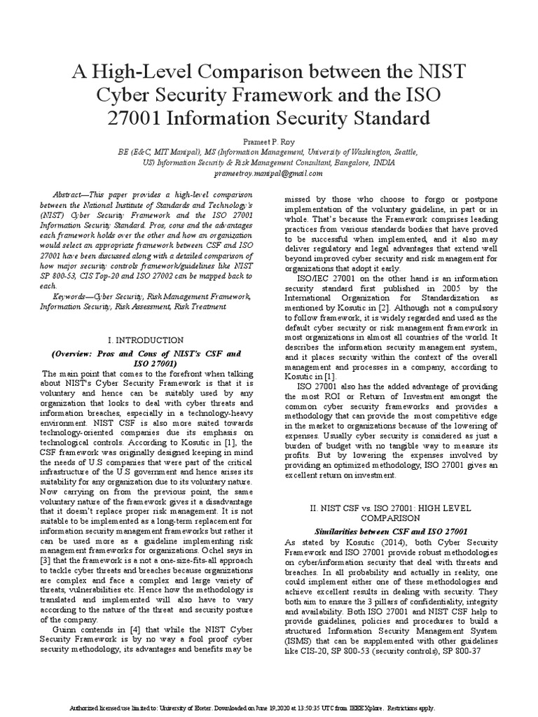 A High-Level Comparison Between The NIST Cyber Security Framework | PDF ...
