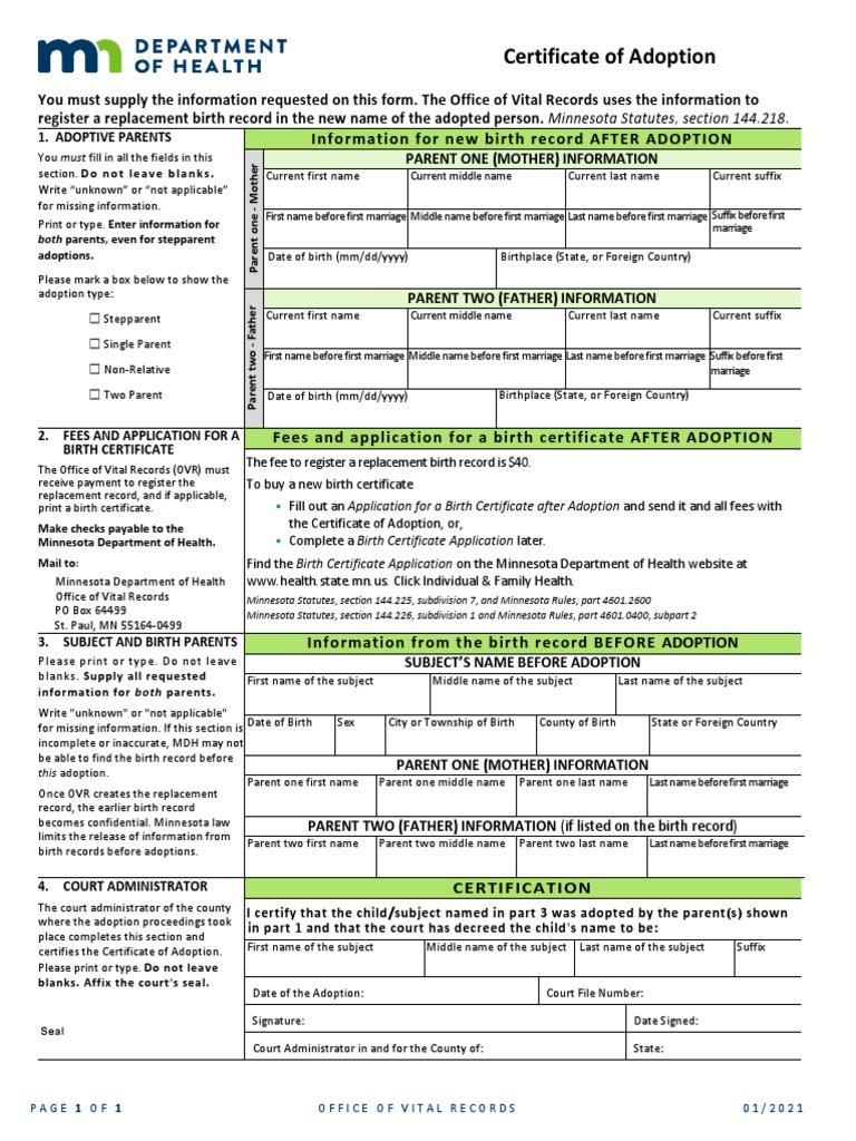 Certificate of Adoption: Information For New Birth Record AFTER ...