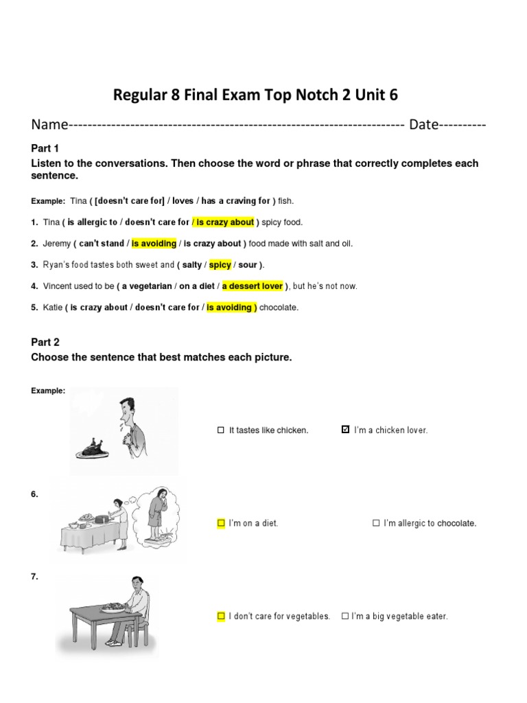 Final Exam TOP Notch 2 Unit 6 PDF Cuisine Taste