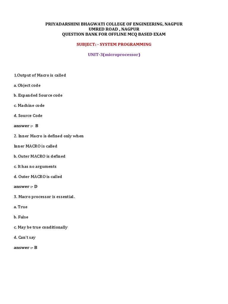Question Bank - MCQ Based Exam - UNIT-3 - SP | PDF | Macro (Computer ...