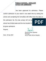 Army Public School, Gwalior: Notice For Admission
