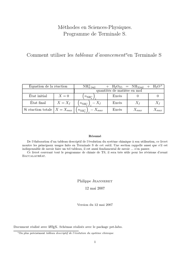 Tableau D'avancement PDF Chimie Titrage — free download