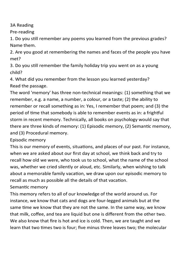 3A Reading | PDF | Memory | Verb