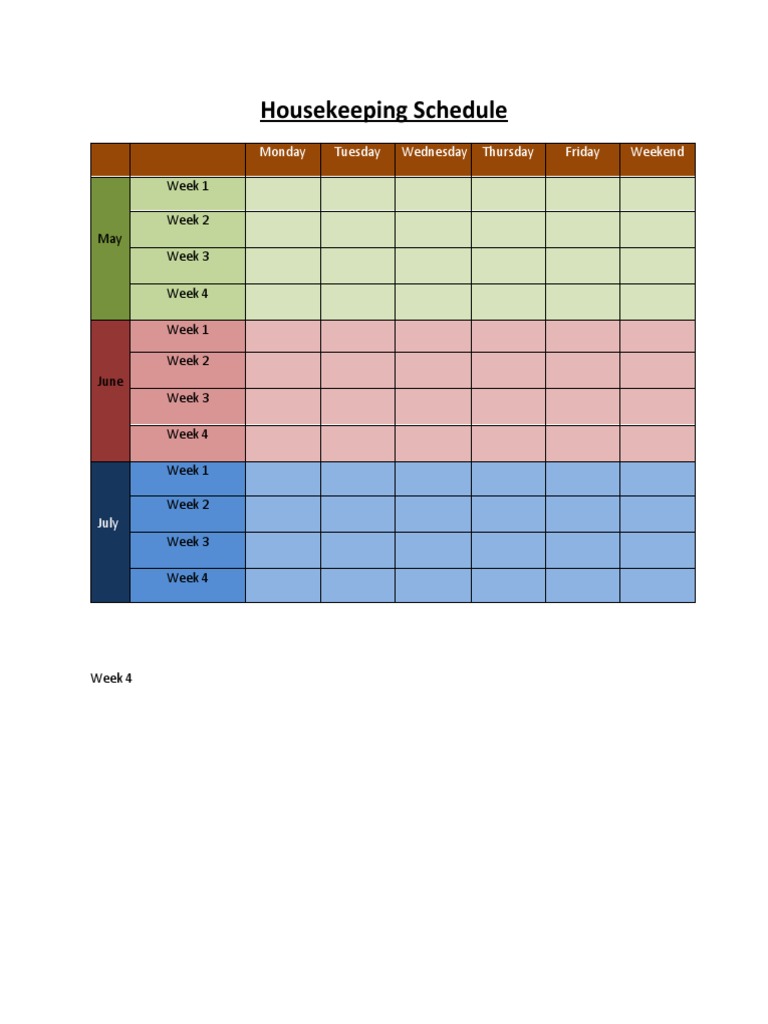 Housekeeping Schedule | PDF | Cooking, Food & Wine