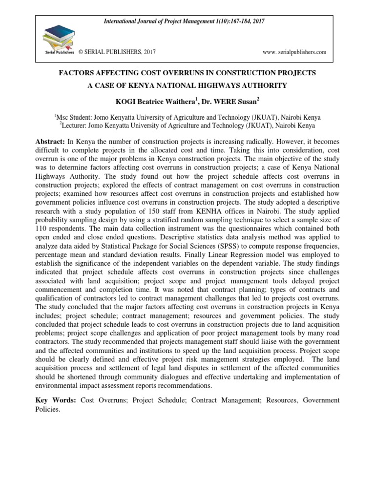 Factors Affecting Cost Overruns in Construction Projects in KENHA | PDF ...