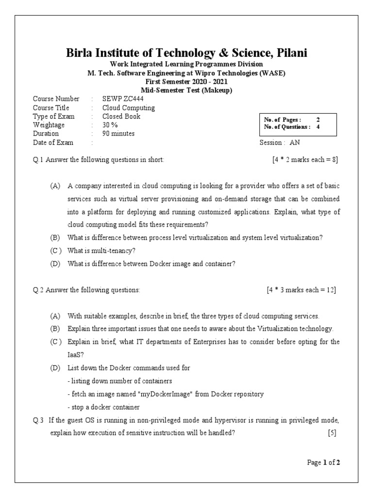 NPTEL Cloud Computing Exam Paper 2021 | PDF | Cloud Computing ...