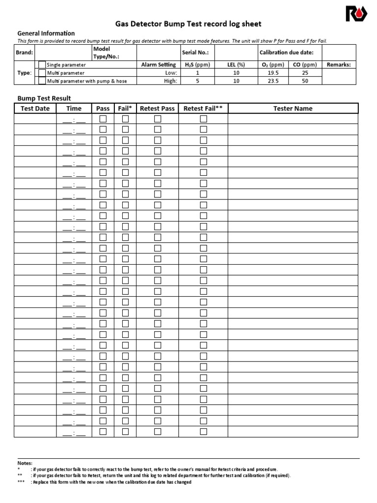 Gas Detector Bump Test Record Log Sheet Bump Test Result Test Date