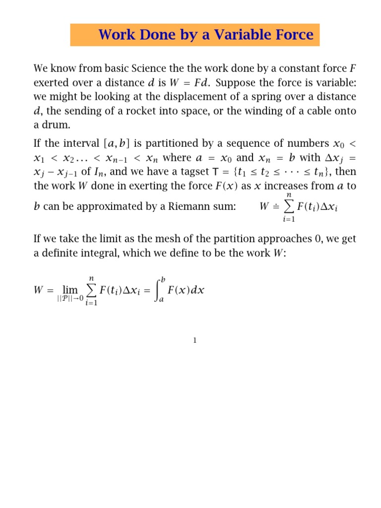 Work Done by A Variable Force | Download Free PDF | Integral | Force