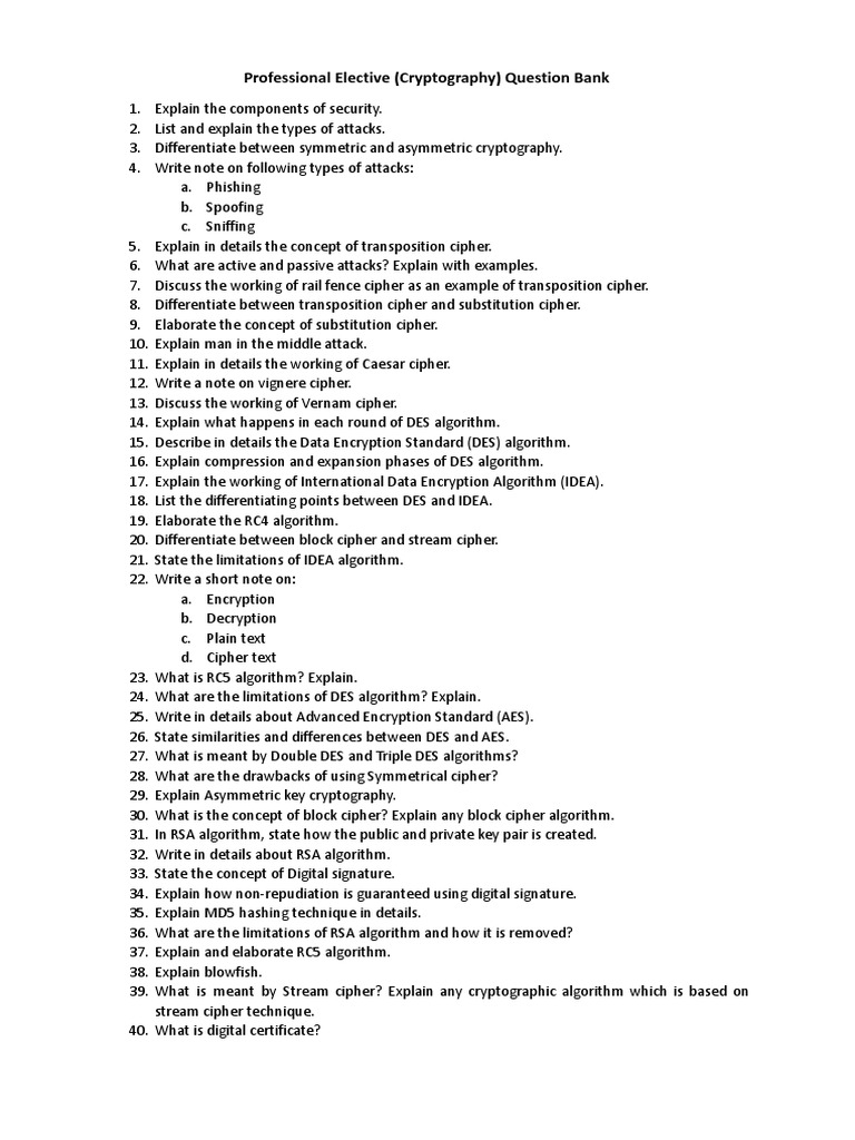 Cryptography Question Bank Overview | PDF | Cryptography | Public Key ...