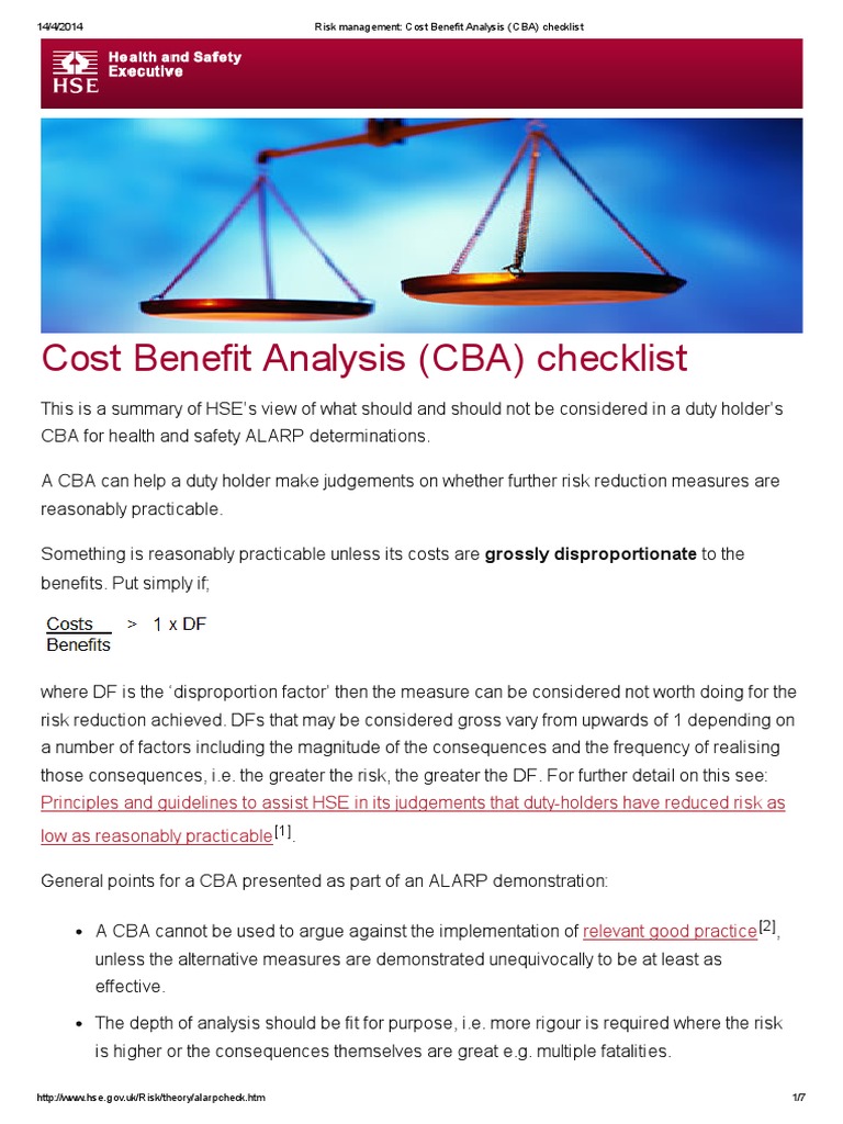 Risk Management Cost Benefit Analysis (CBA) Checklist PDF CostBenefit Analysis Risk
