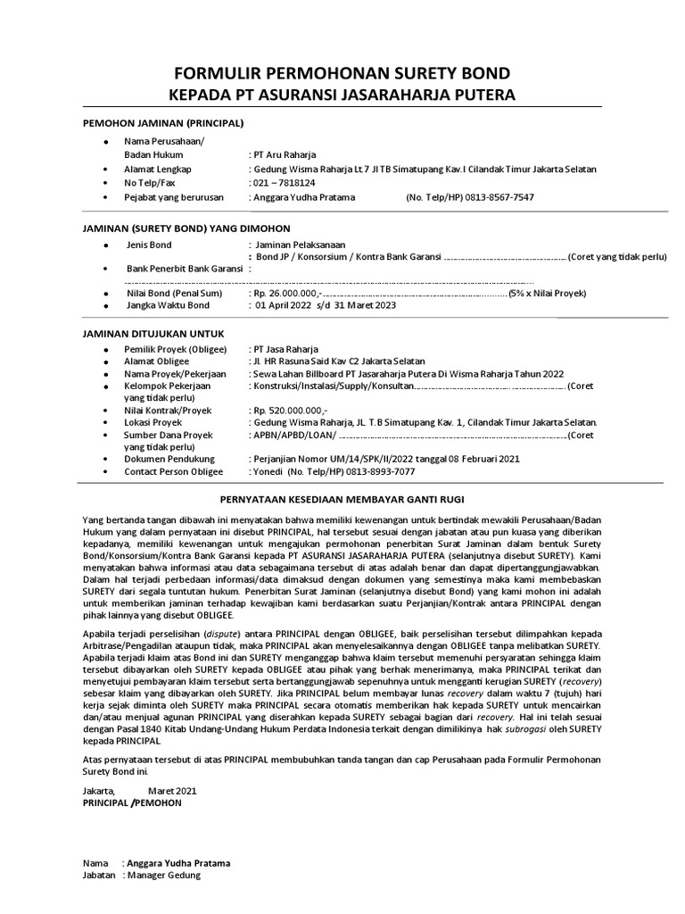 Permohonan Surety Bond PT Aru Raharja | PDF | Hukum