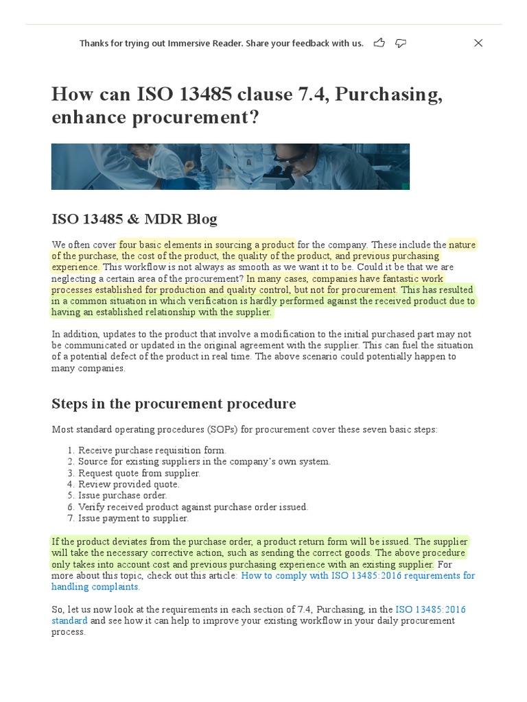 How Can ISO 13485 Clause 7.4, Purchasing, Enhance Procurement | PDF ...