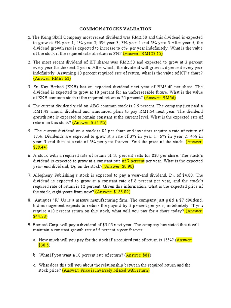 Exercises On Stock Valuation | PDF | Stocks | Dividend