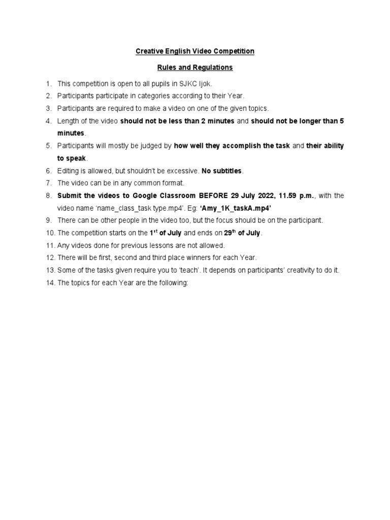 Creative English Video Competition Rules and Regulation PDF