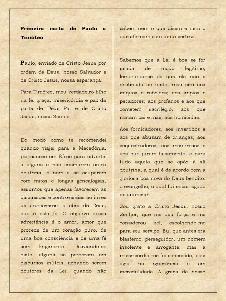 Primeira Carta de Paulo A Timóteo Cap 1 - 4 | PDF | Jesus | Fé
