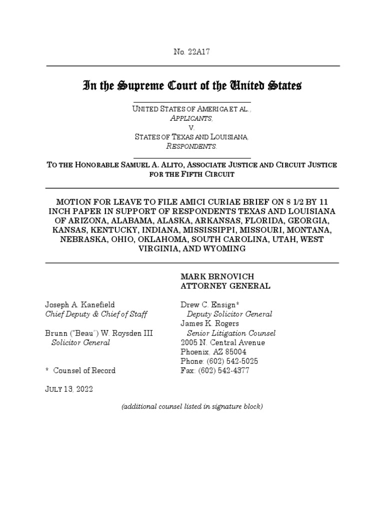 19 States File Amicus Brief at SCOTUS in Texas v. United States. | PDF ...
