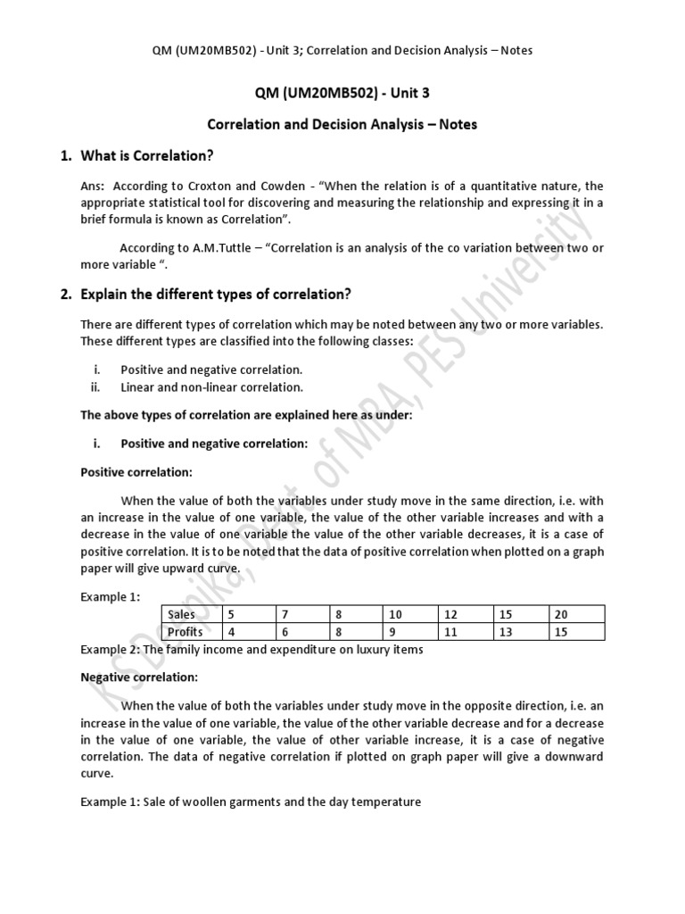 QM (UM20MB502) Unit 3 Correlation and Decision Analysis Notes 1