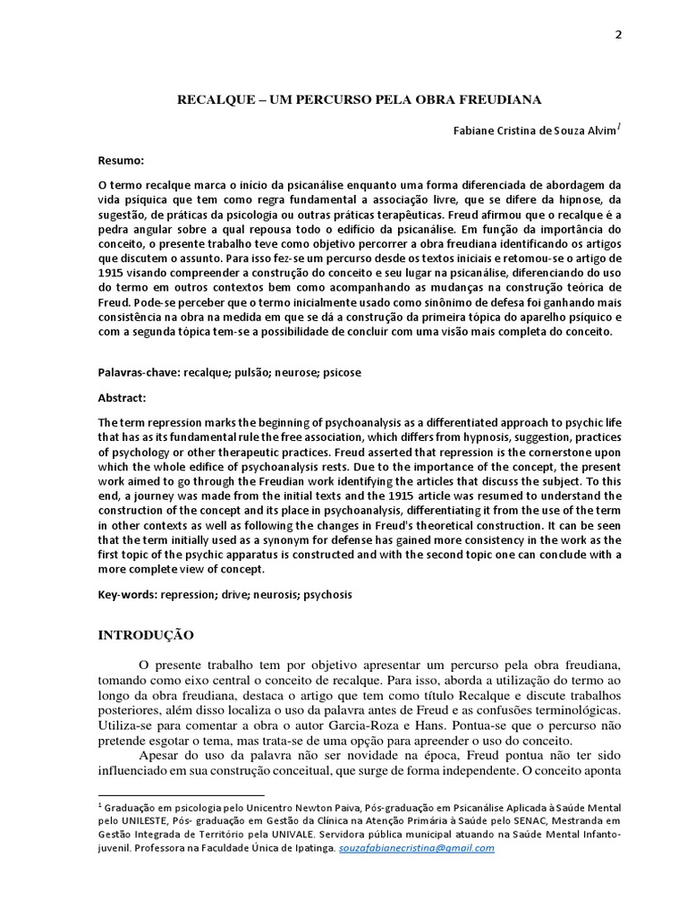 O conceito de recalque na obra freudiana | PDF | Sigmund Freud ...