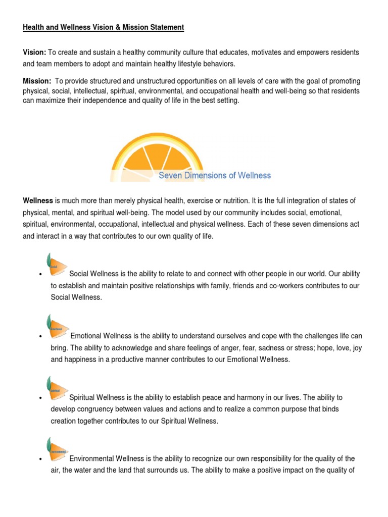 Health and Wellness Vision | PDF | Quality Of Life | Psychology