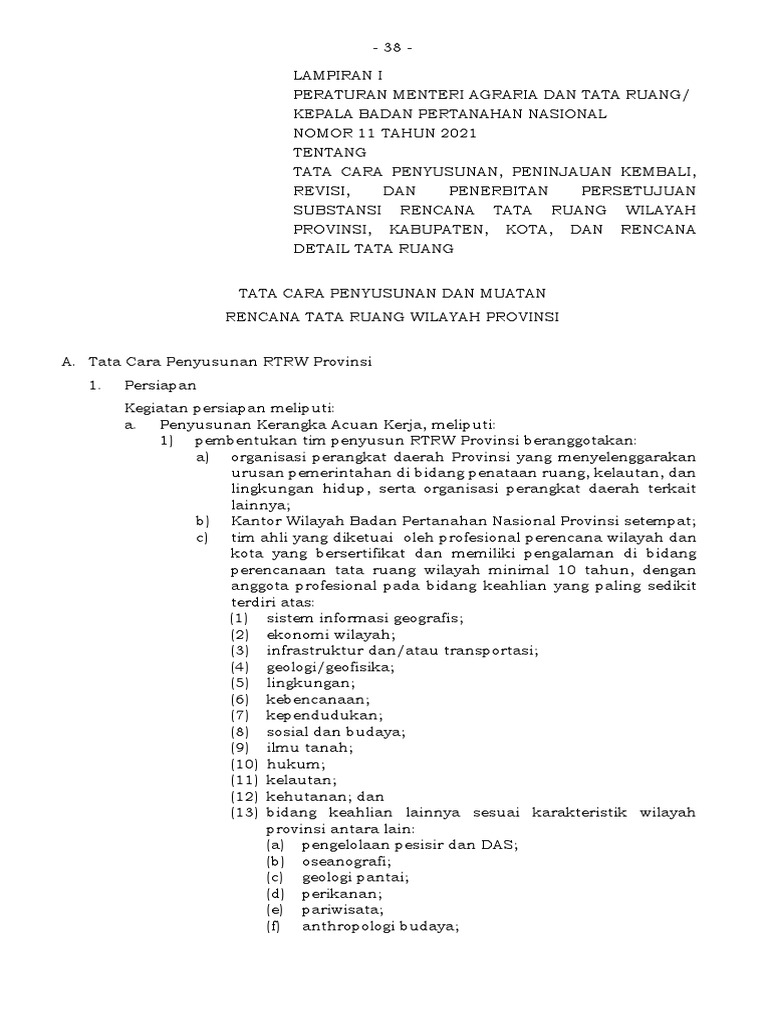 Lampiran I Permen ATR BPN No 11 Tahun 2021 (RTRW Provinsi) | PDF