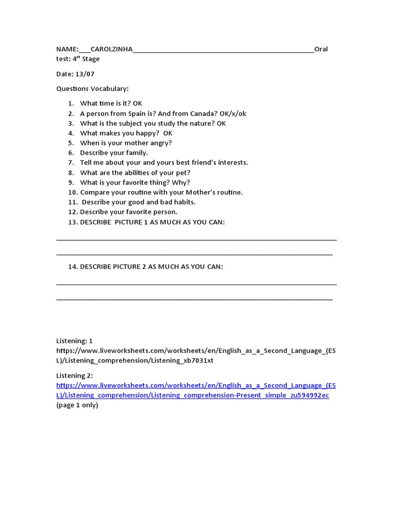 Oral Test Questions and Listening Guide | PDF | Language Arts ...