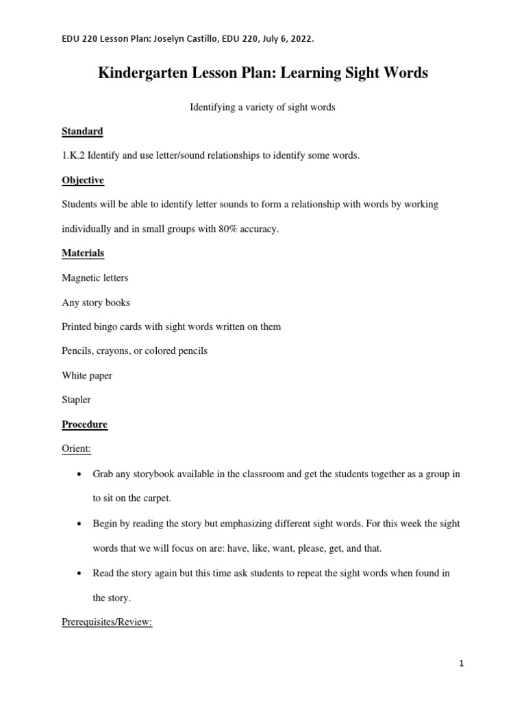edu 220 kindergarten lesson plan PDF Lesson Plan Word