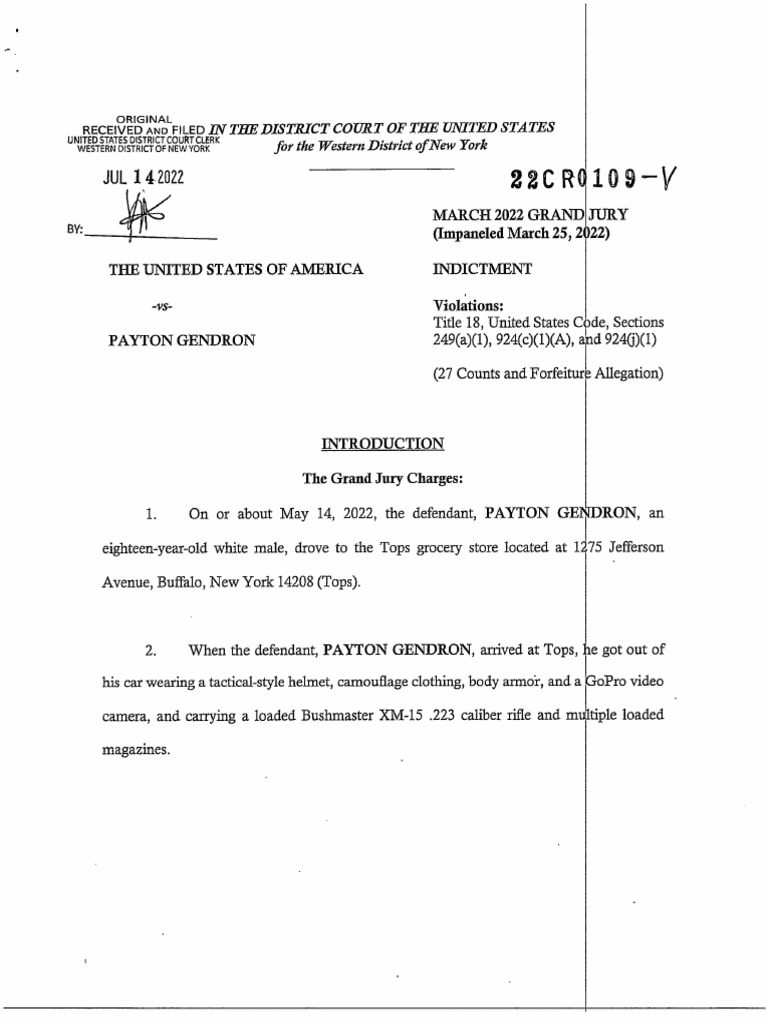 Payton Gendron Federal Indictment | PDF