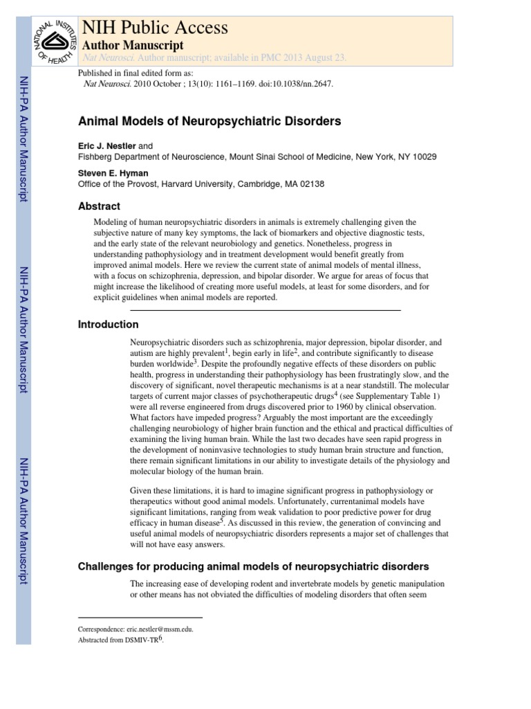 Animal Models of Neuropsychiatric Disorders PDF Schizophrenia